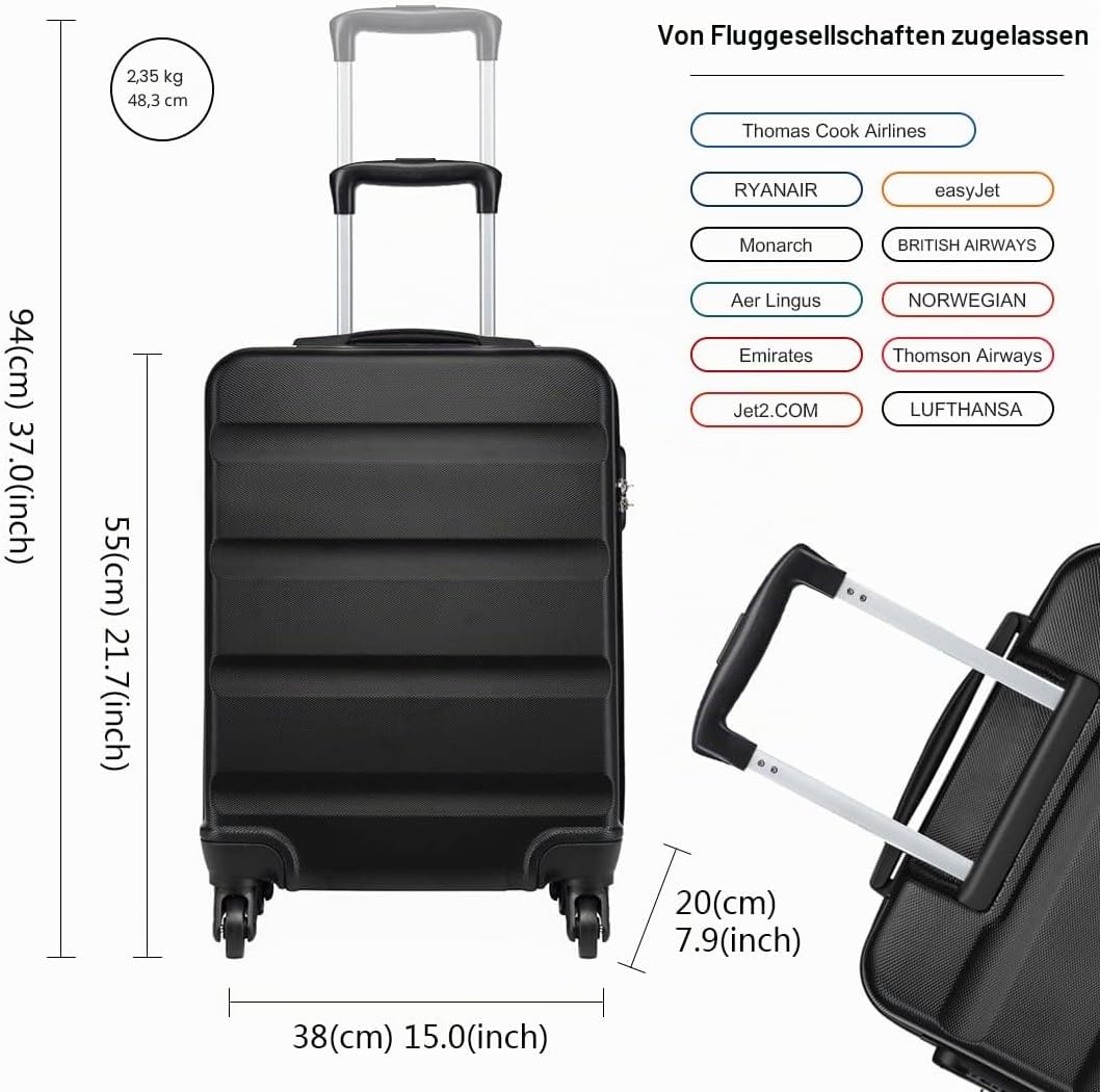 KONO Handgepäck Koffer Leicht Reisekoffer mit Rollen und TSA Schloss, Klein Koffer Trolley Handgepäc
