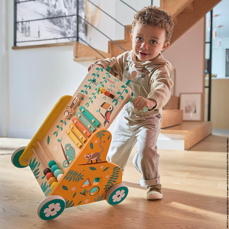 Janod - Multi-Aktivitätswagen Tropik - Laufwagen aus Holz - Lernspielzeug mit 6 Aktivitäten - Leise