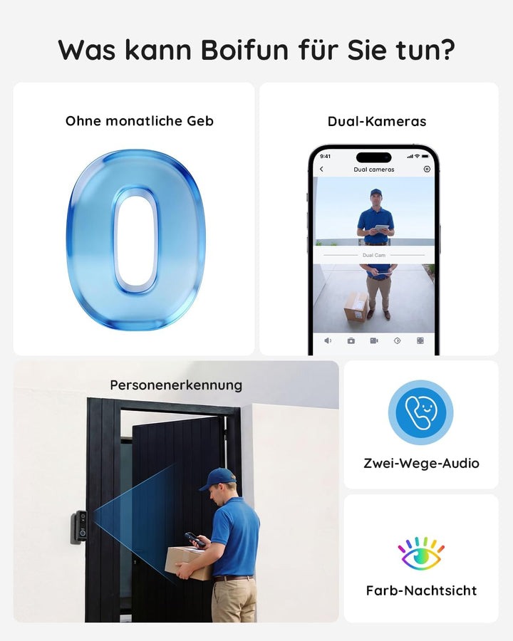 BOIFUN 2026 WLAN Video Türklingel mit Kamera, Dual Kameras für Paketschutz, 2K Full HD Farb-Nachtsic
