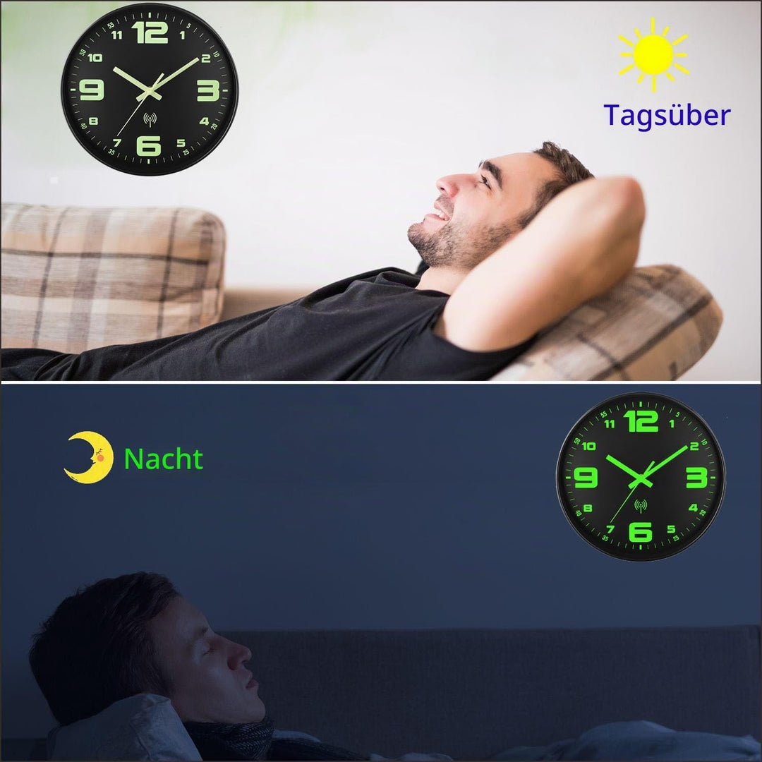 Funkuhr Wand Wanduhr Funk 30 cm mit Leuchtziffern - Lautlose Quartz-Arbeit, Robustes Glas, Batterieb