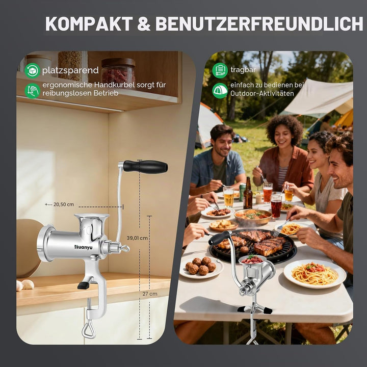 Huanyu Fleischwolf Manuell Edelstahl Fleischwolf Manuell mit Wurstfüller Edelstahl Spülmaschinenfest