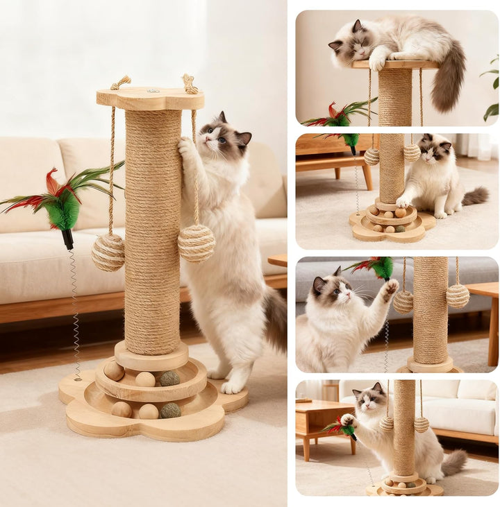 Kratzbaum Klein für Katzen, 25×50cm aus Natur-Sisal &amp; Holz, Interaktives Katzenspielzeug mit Hängend