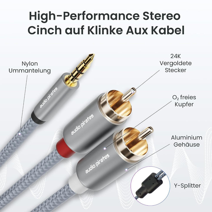 audio pirates Klinke auf Cinch | RCA-Kabel | 3,5mm-Klinkenkabel auf 2x Cinch-Kabel | Audio-Kabel für