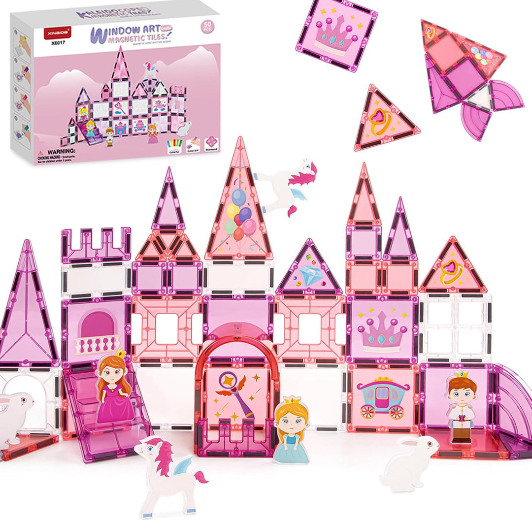 Magnetische Fliesen Set, 3D Märchen-Schloss in Pink, Magnetkacheln für Kinder ab 3 Jahren, STEM Baus
