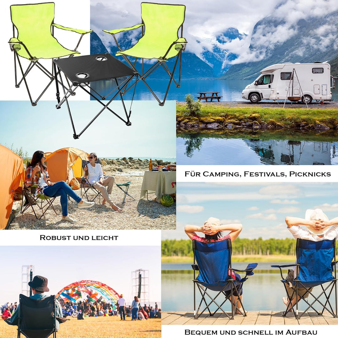 BigDean 2 Stück Campingstuhl mit Campingtisch faltbar – Faltstuhl in Neon Grün mit Getränkehalter &