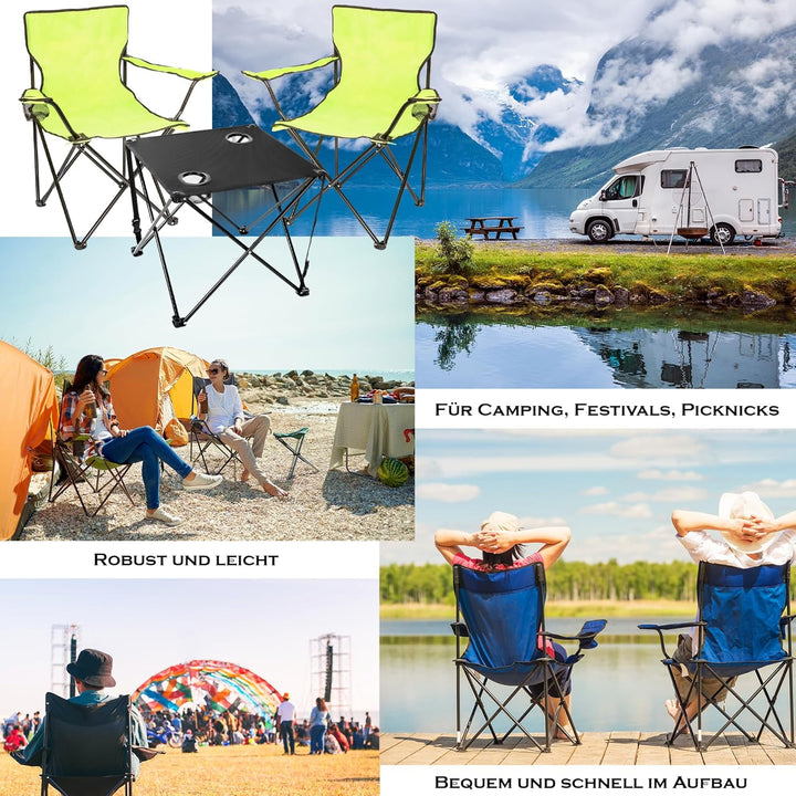 BigDean 2 Stück Campingstuhl mit Campingtisch faltbar – Faltstuhl in Neon Grün mit Getränkehalter &