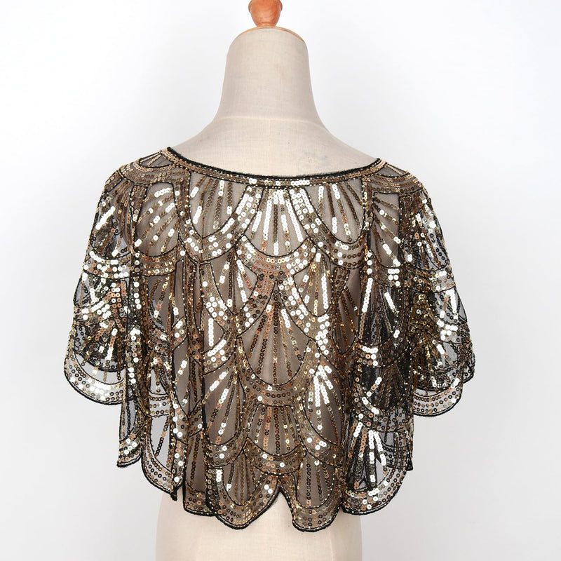keland Damen Festlich Pailletten Umhang Schal Schultertuch Stola Tuch für Abendkleid Z-schwarz & Gol