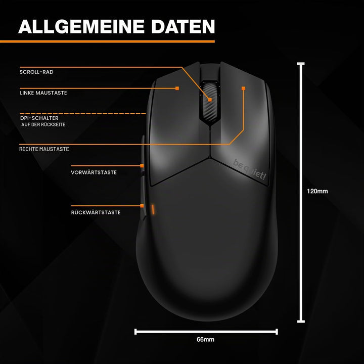 be quiet! Dark Perk Ergo PC Gaming Maus, 55 g leicht, extrem Lange Akkulaufzeit, 8.000 Hz Abtastrate