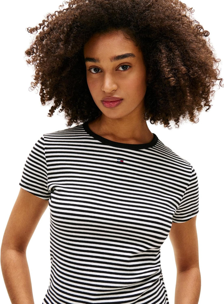 Tommy Jeans Damen T-Shirt Kurzarm Essential Rib Slim Fit XS Black (Black / Ecru Stripe), XS Black (B