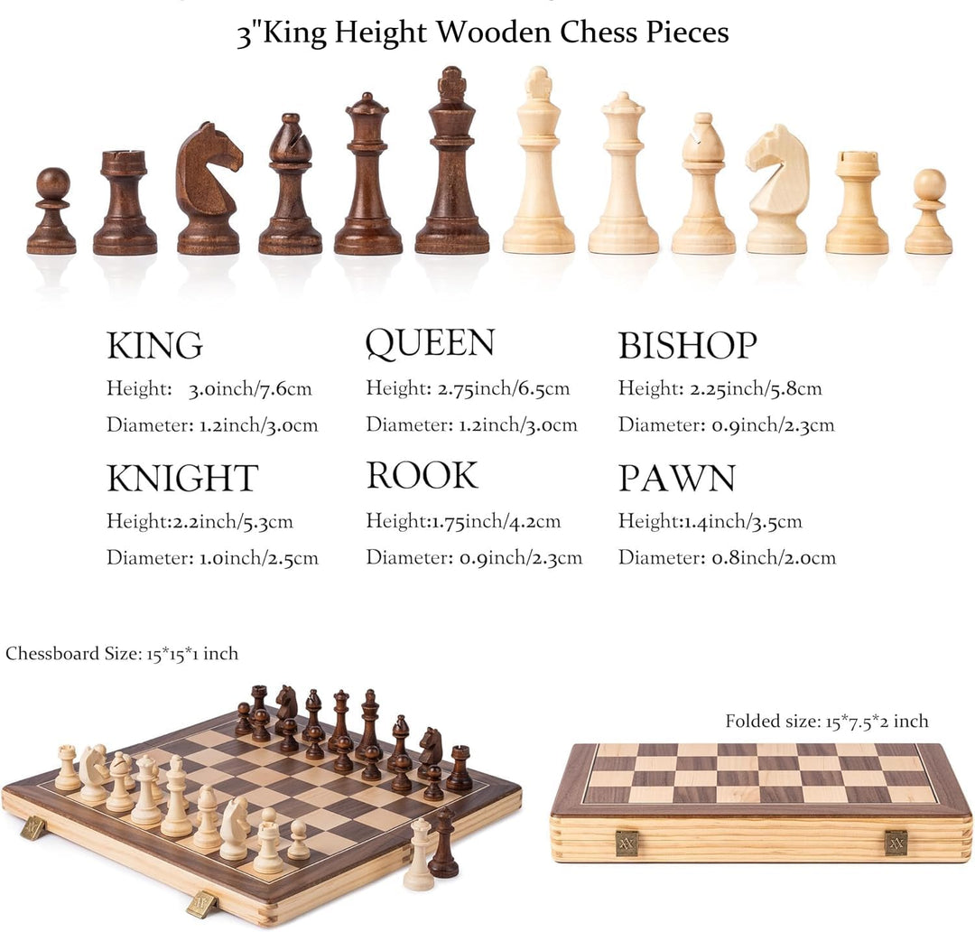 A&A Wooden Chess Set, 2 in 1, 15" Folding Board, 3" King Height German Knight Staunton Chess Pieces/