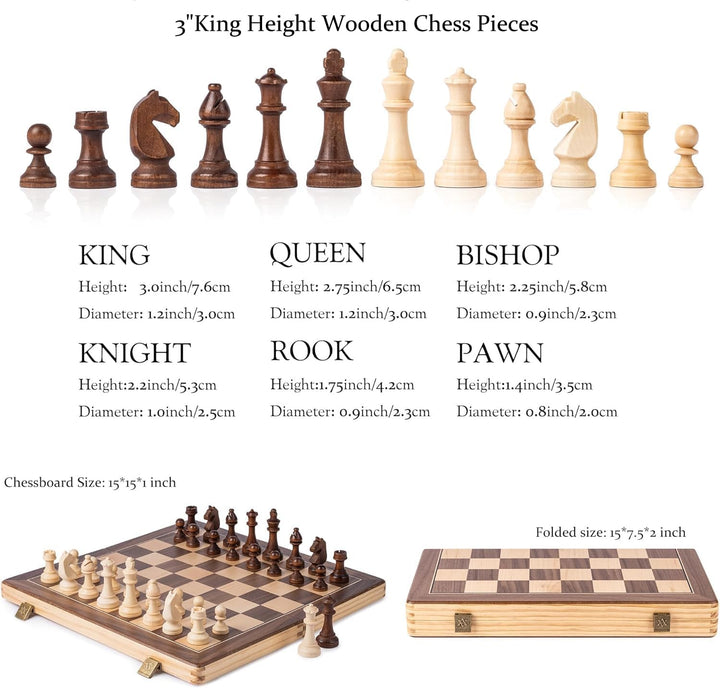 A&A Wooden Chess Set, 2 in 1, 15" Folding Board, 3" King Height German Knight Staunton Chess Pieces/