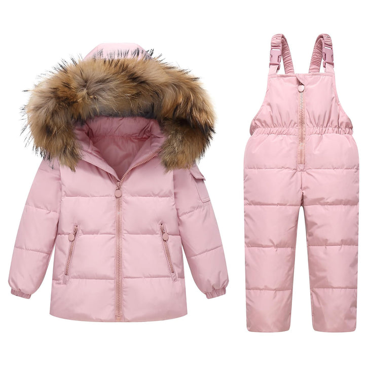 JiAmy Kinder Schneeanzug Daunenjacke mit Kaputze + Schneelatzhose, Winter Bekleidungsset Mädchen Win