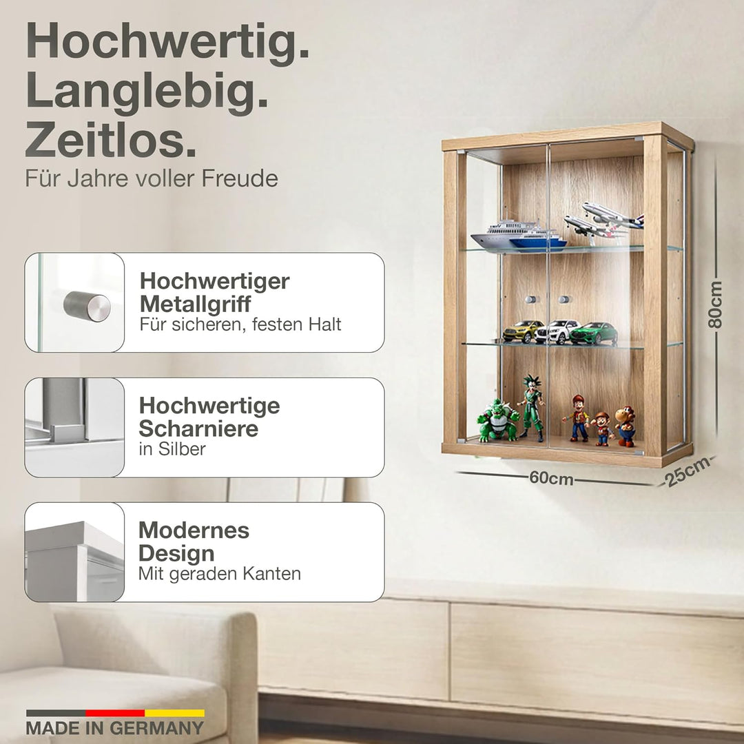 K-Möbel Hängevitrine Glas in Buche (80x60x25 cm) mit 2 höhenverstellbaren Glasböden - Modellauto Vit