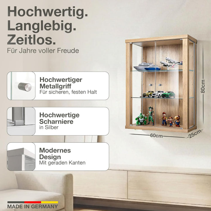K-Möbel Hängevitrine Glas in Buche (80x60x25 cm) mit 2 höhenverstellbaren Glasböden - Modellauto Vit