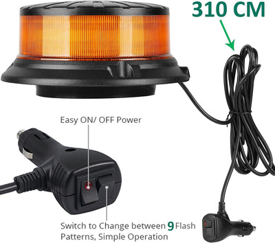 AGRISHOP 12V/24V LED LKW Rundumleuchte Blitzleuchte Magnetfuss,36LED 9Modus Amber Blinkleuchte led O