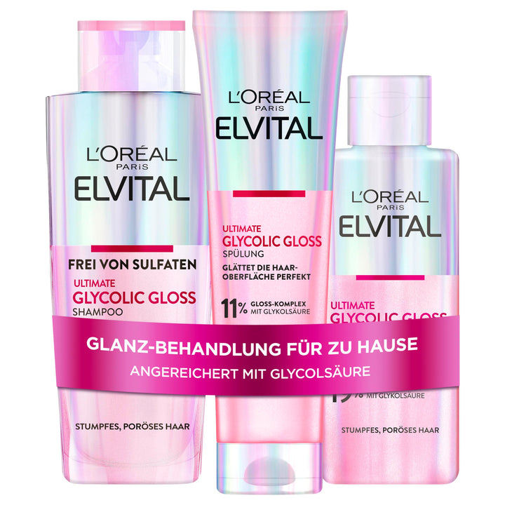 L'Oréal Paris Elvital Glycolic Gloss Bundle mit Shampoo, Spülung, 5 Minuten Haar-Laminierung für gla
