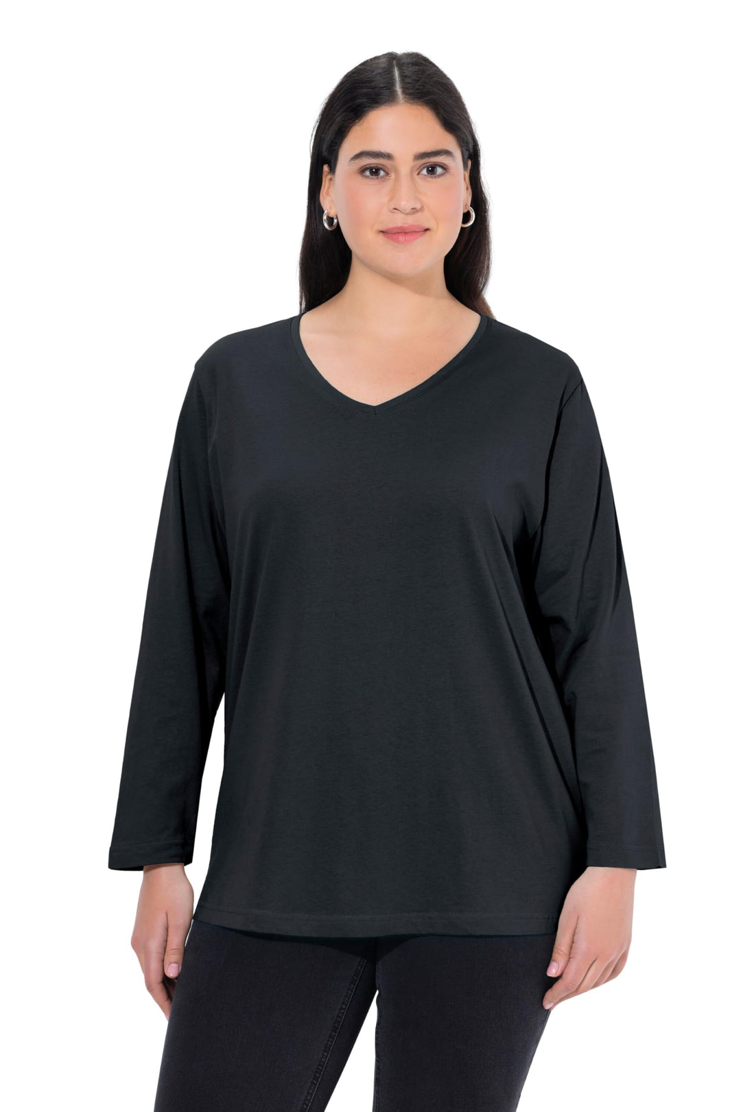 Ulla Popken Damen Basic-v-Shirt, Langarm Langarmshirt 46-48 Schwarz, 46-48 Schwarz