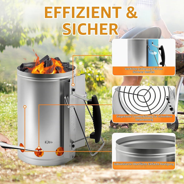 Anzündkamin, XL 19X30cm BBQ Grillanzünder Kamin, Verzinkter Stahl Anzündkamin mit Griff für Holzkohl