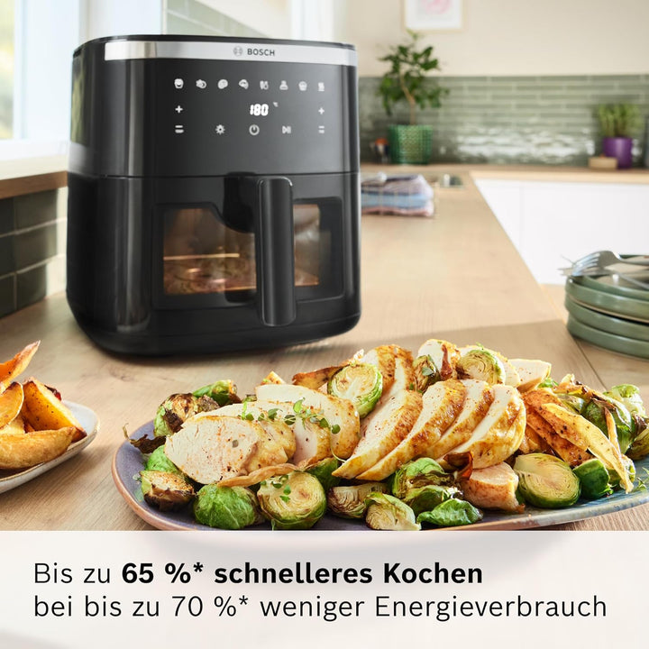 Bosch Heissluftfritteuse Serie 6, XXL 7,2 L Fassungsvermögen, 7 voreingestellte Programme, beleuchte