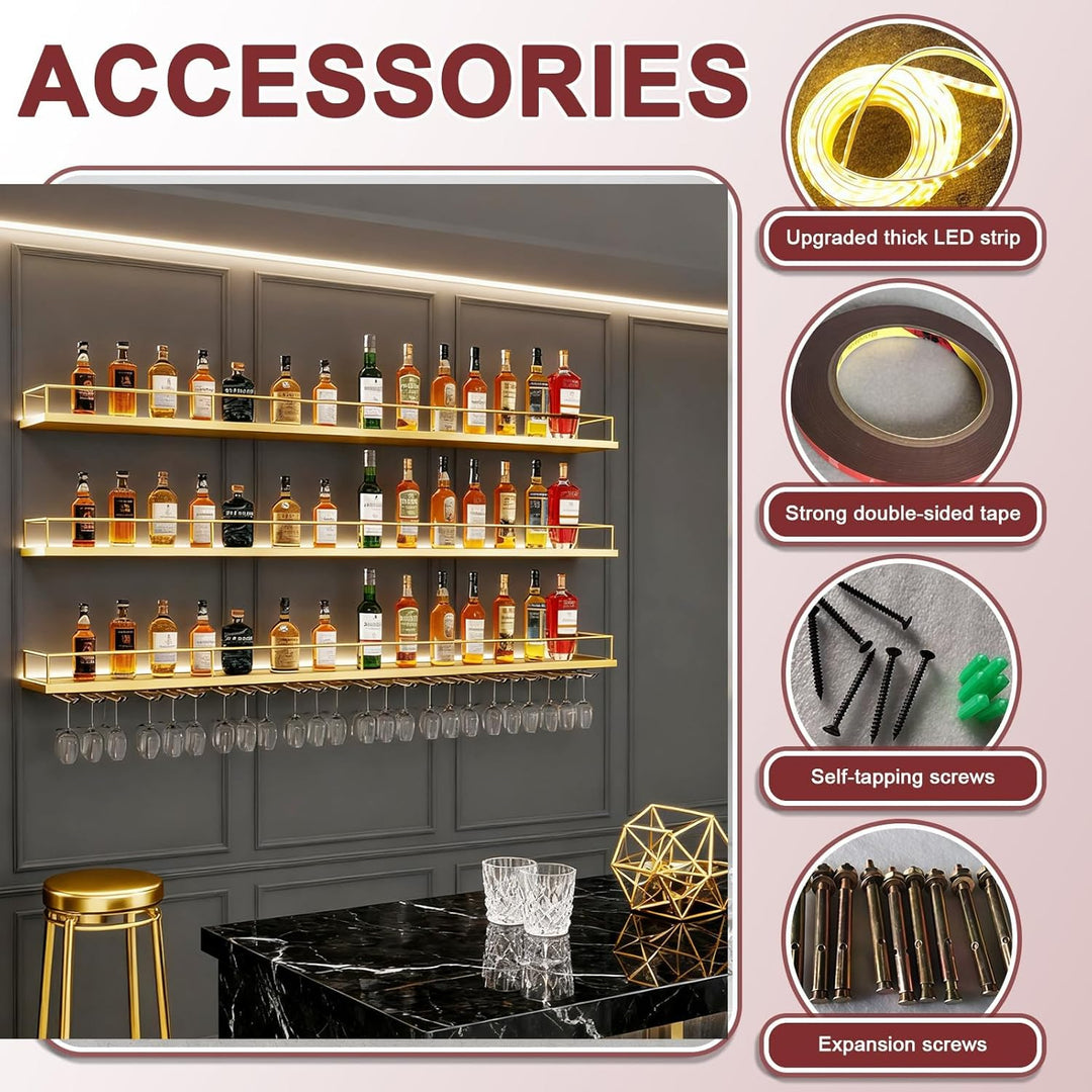 200CM Weinregal Wand mit Glashalter, 3 Ebenen Metallbar Weinpareite Display Rack, Modernes Weinregal