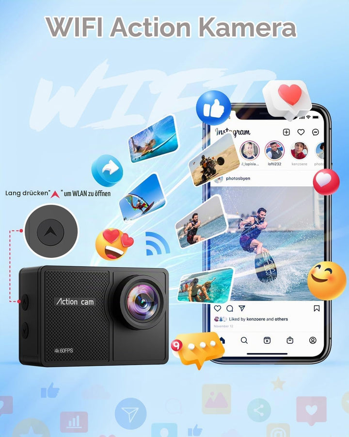 4K 60FPS Action Cam, Unterwasserkamera mit 128G SD Karte 48MP HD WiFi Kamera mit EIS 40M Wasserdicht