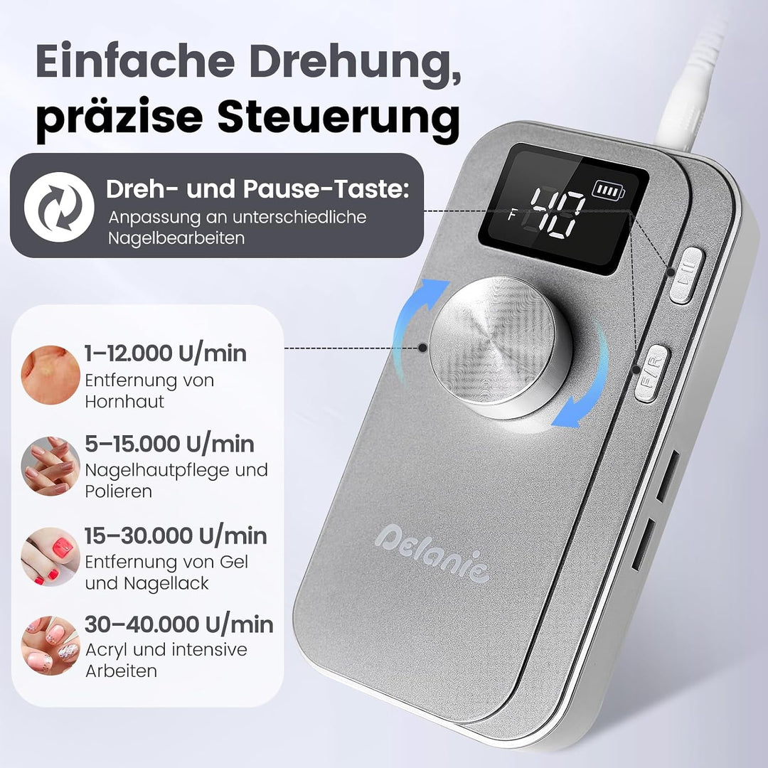 Delanie elektrischer Nagelfräser 40000 U/min für Gelnägel Acrylnägel, Grau, Grau