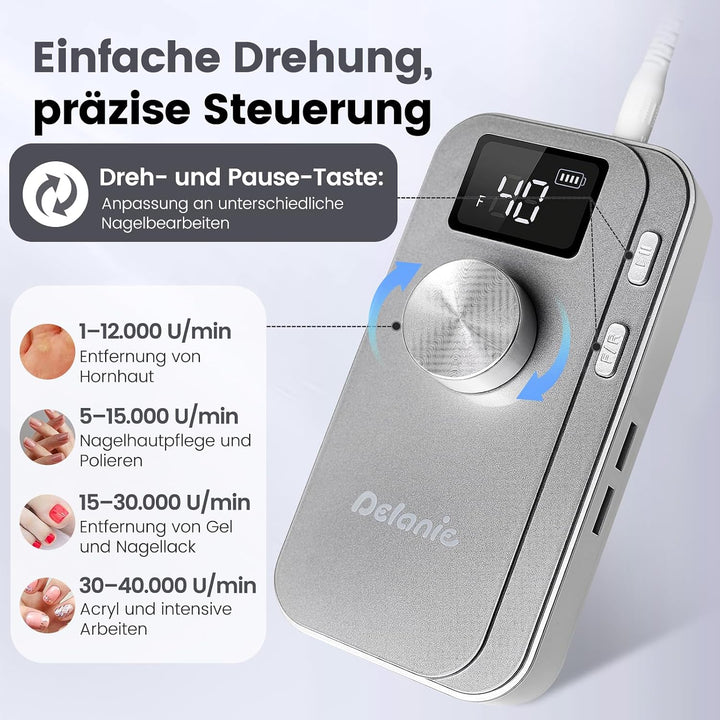 Delanie elektrischer Nagelfräser 40000 U/min für Gelnägel Acrylnägel, Grau, Grau