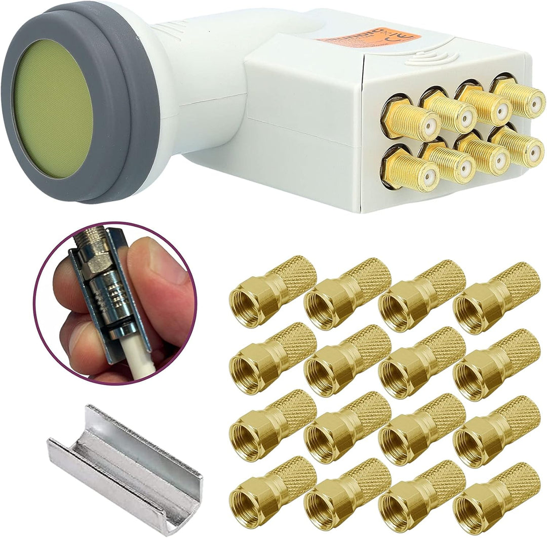 [ Test SEHR GUT, Note 1.2 *] GSS Helios Octo LNB + 16x F-Stecker, mit LTE Abschirmung & SunProtect S