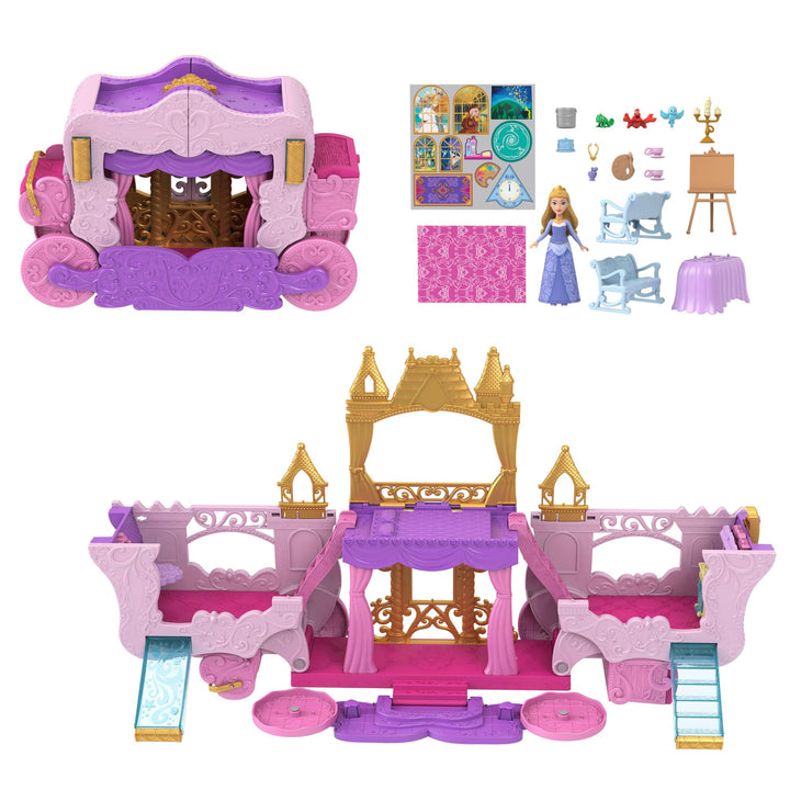 Mattel Disney Prinzessin Verwandlungs-Spielset Kutsche zu Schloss mit kleiner Puppe Aurora, 3 Ebenen