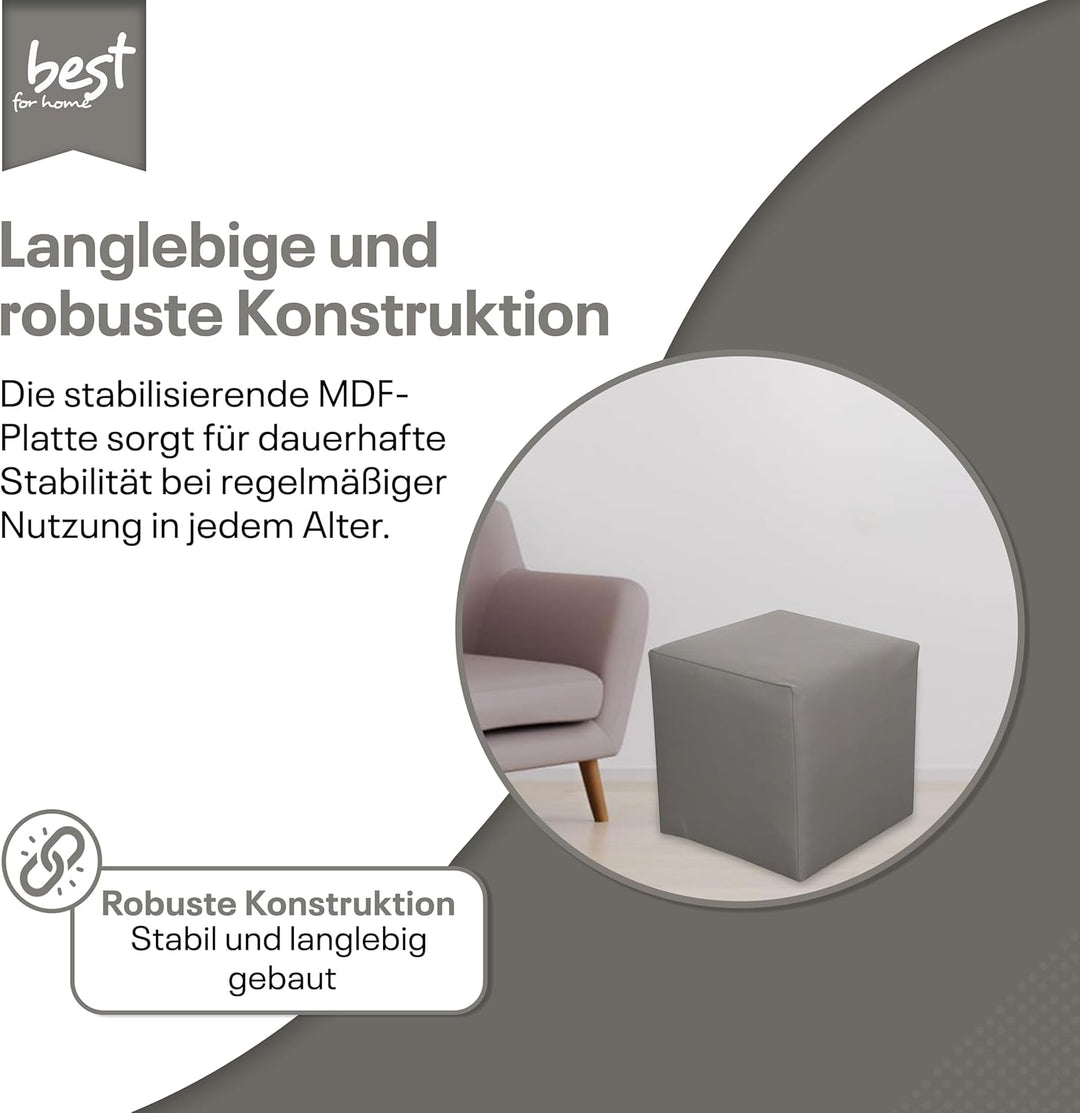 Best for Home Sitzhocker Kunstleder Sitzwürfel Bodenkissen Fusshocker 40x40x40 cm viele Farben (Grau