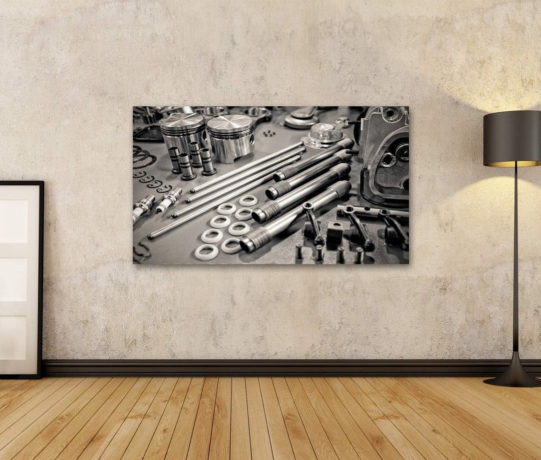 islandburner Bild auf Leinwand Sammlung Von Autoteilen Sortiert Monochrome Bilder Wandbilder Poster