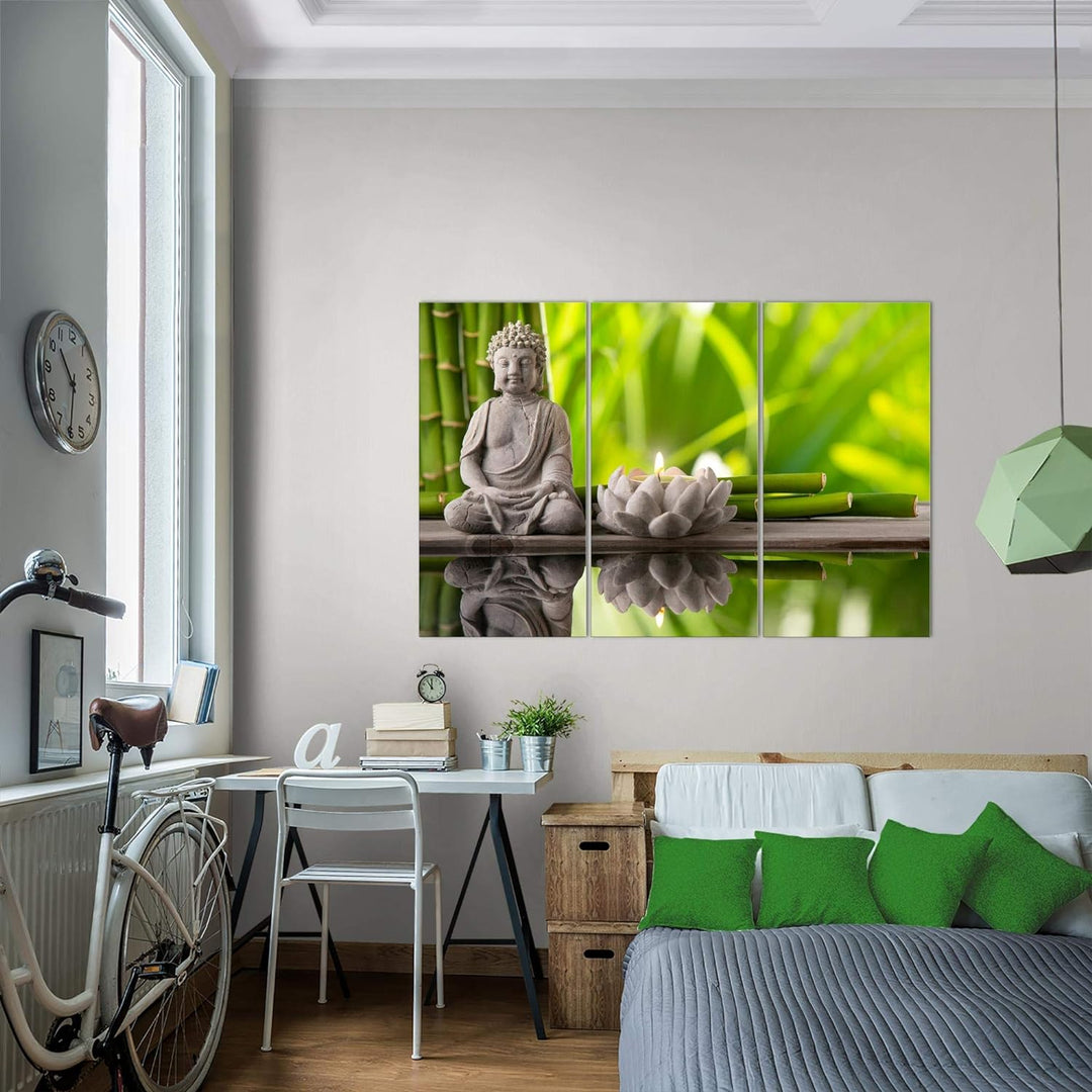 Runa Art Wandbilder Feng Shui Buddha Bild XXL Wohnzimmer Schlafzimmer Grün Spa Relax 120 x 80 cm 3 T