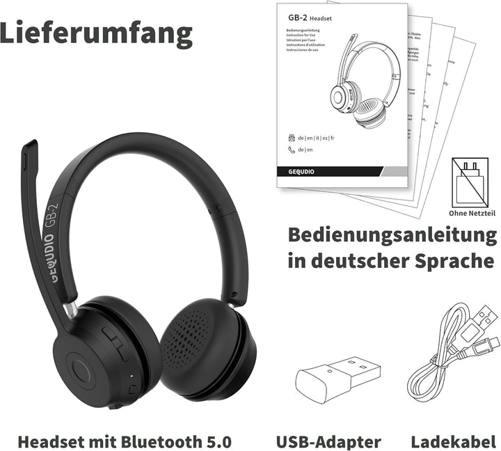 GEQUDIO GB-2 Headset mit Mikrofon Bluetooth | Kopfhörer Kabellos | Passives Noise Cancelling | 2 Ger