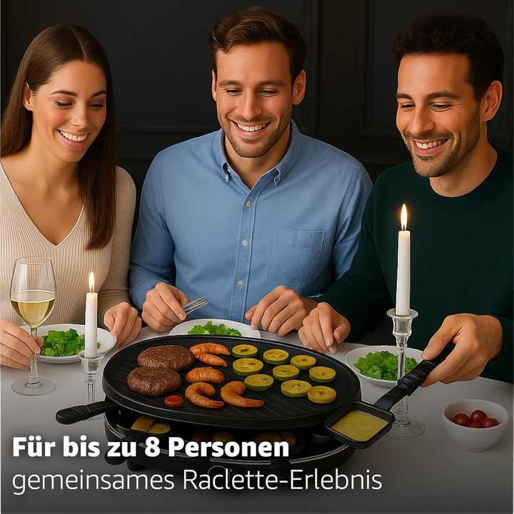 8 Personen Set Raclette Grill oval - Mit Grillplatte & Crepes Funktion - Tischgrill inkl. Pfännchen