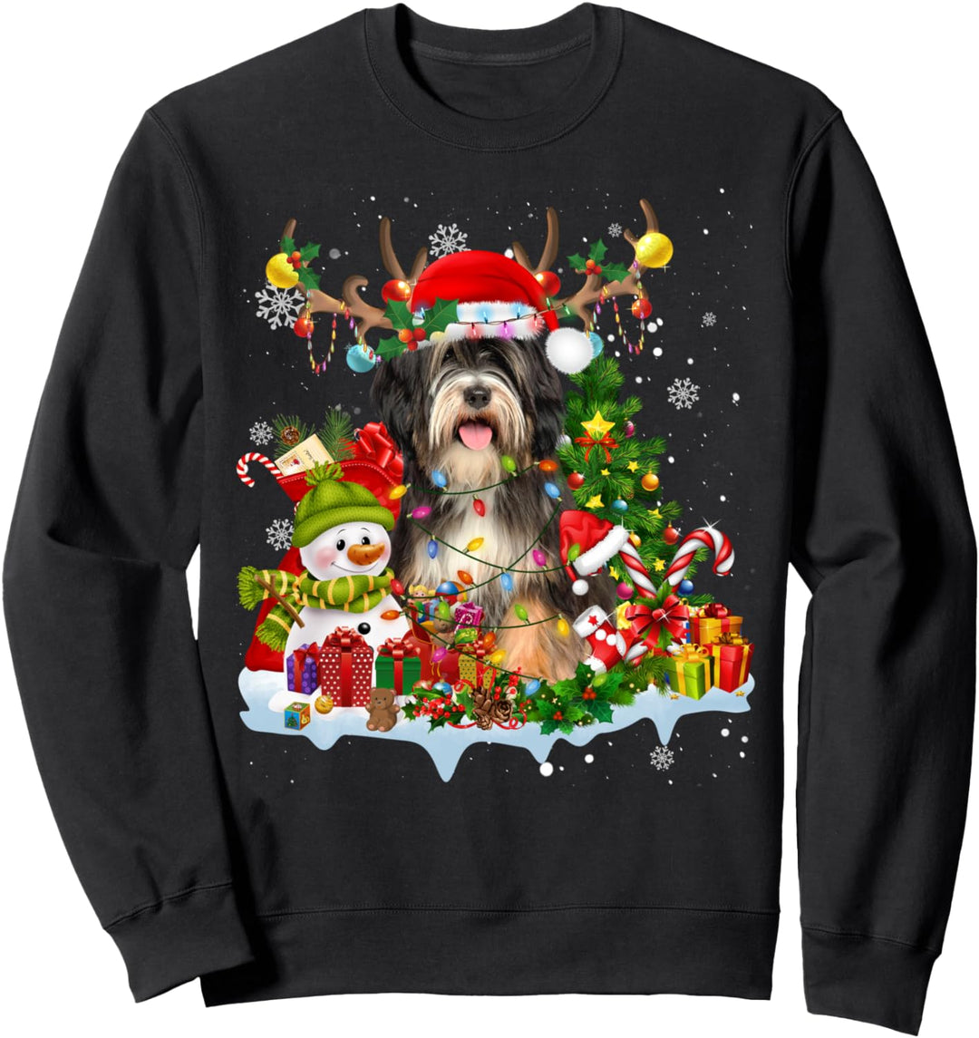 Weihnachtsmannmütze mit tibetischem Terrier-Motiv, Rentier-Motiv, Weihnachtsbeleuchtung Sweatshirt