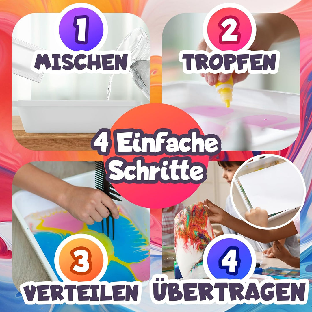 KIYARI Wassermarmorierfarben Set, Malset für Kinder mit 10 A3 Blättern | Wassermarmorierfarben Set,