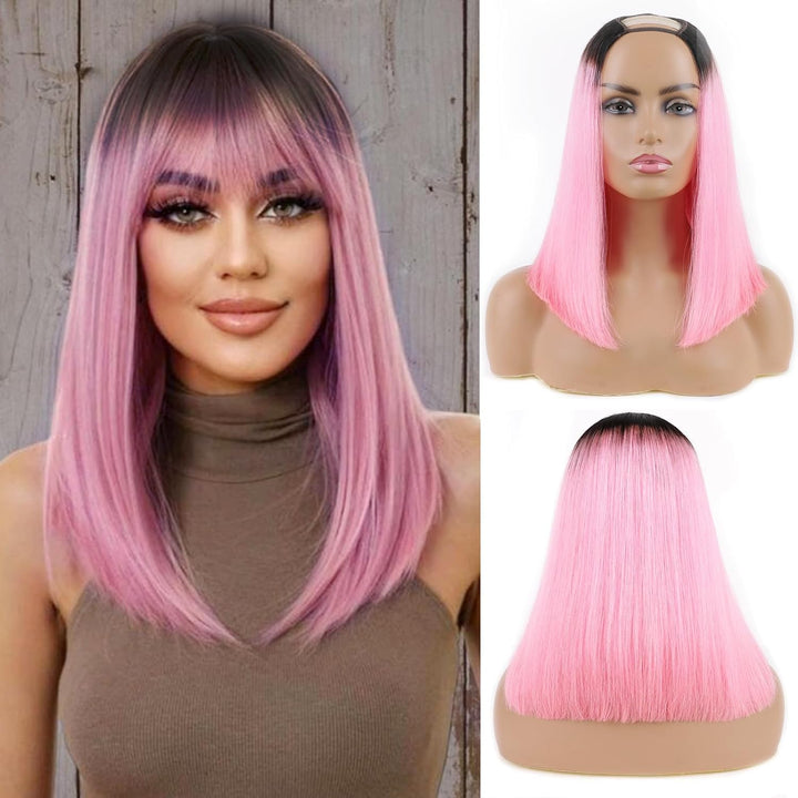 Huarisi 1bPink U Part Bob Wigs Human Hair 14 inch Ombre Short Bob Straight Hair Wigs with Clips in E
