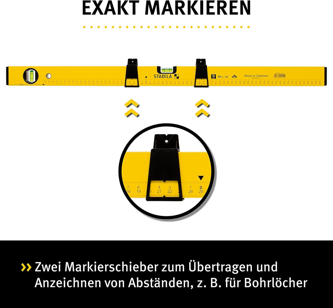 STABILA Wasserwaage Type 70 MAS, 80 cm, leichtes Alu-Profil, 2 Markierschieber, 2 metrische Skalen,