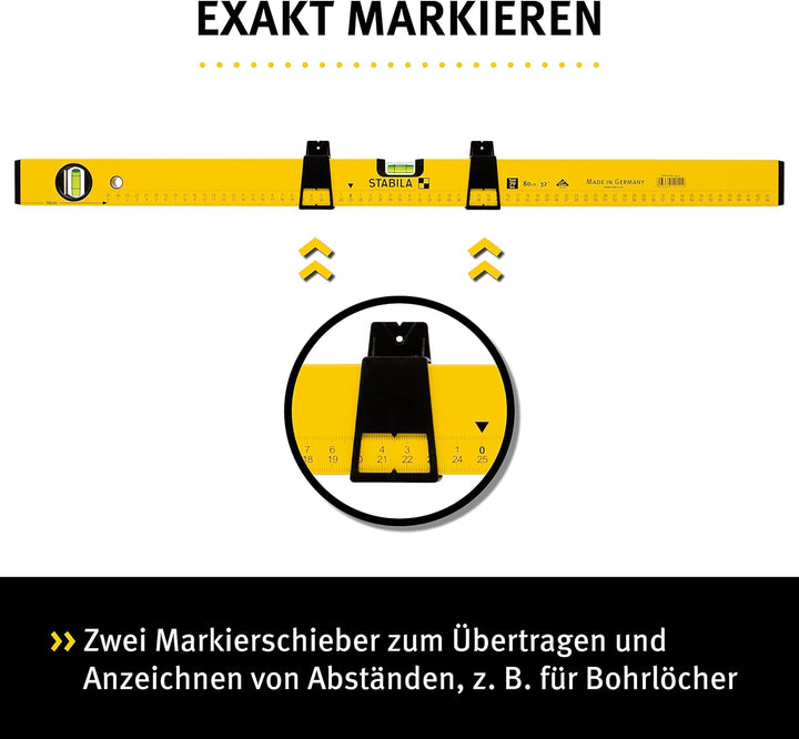 STABILA Wasserwaage Type 70 MAS, 80 cm, leichtes Alu-Profil, 2 Markierschieber, 2 metrische Skalen,