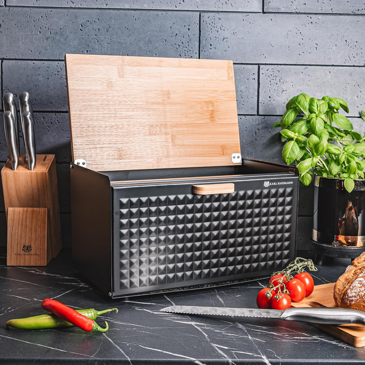 Brotkasten Metall Schwarz mit Bambus Deckel - Hält Brot länger frisch | Grosse Brotbox zur Brotaufbe