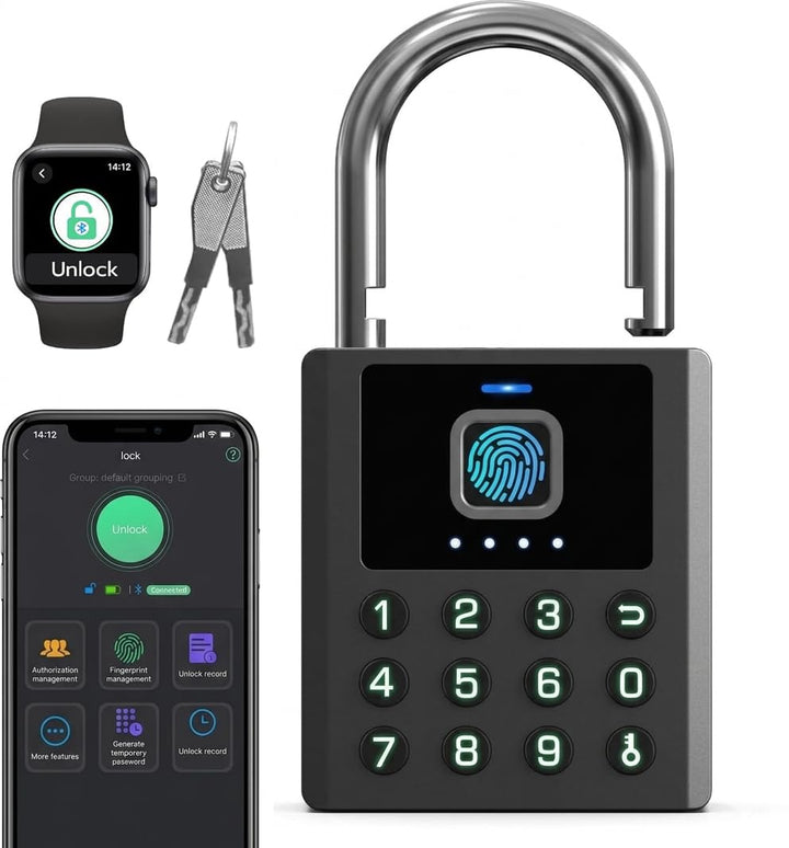 Fingerabdruck Vorhängeschloss Outdoor eLinkSmart Zahlenschloss mit 9-Tasten-Code, Bluetooth App-Steu