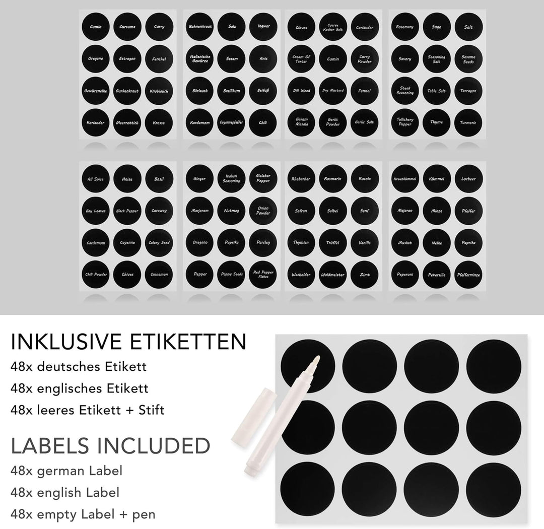 14 Gewürzgläser Set 170 ml mit 21 Tüllen - Einmachgläser mit 170 ml Fassungsvermögen - Wiederverwend