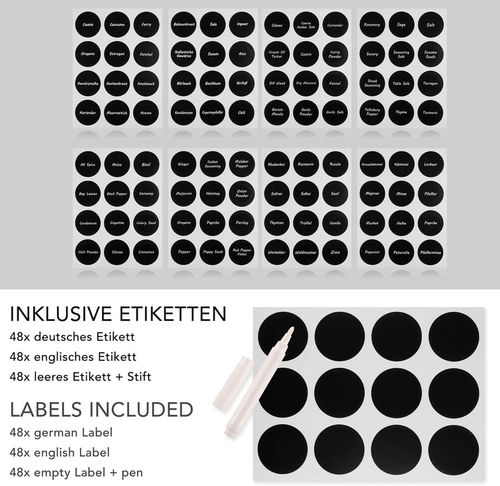 14 Gewürzgläser Set 170 ml mit 21 Tüllen - Einmachgläser mit 170 ml Fassungsvermögen - Wiederverwend