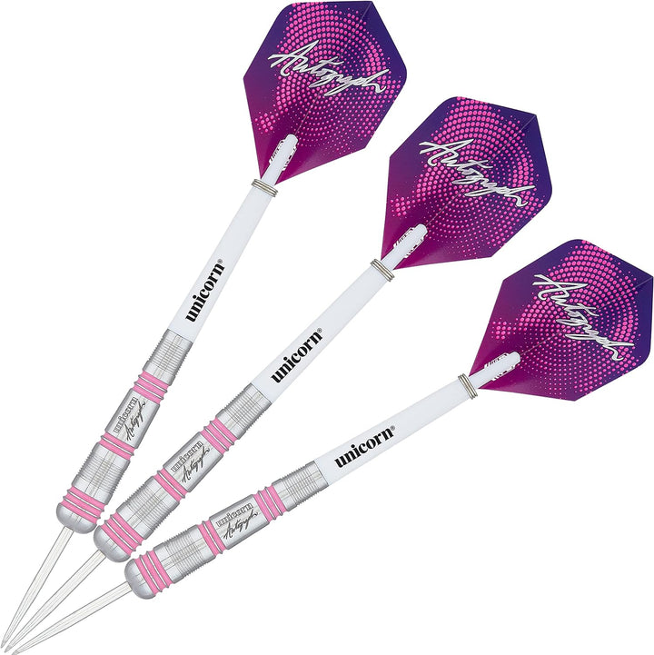 Unicorn Dartpfeile-Set aus Stahlspitze | Autogramm-Serie | 80% natürliche Wolfram-Schäfte mit rosa A