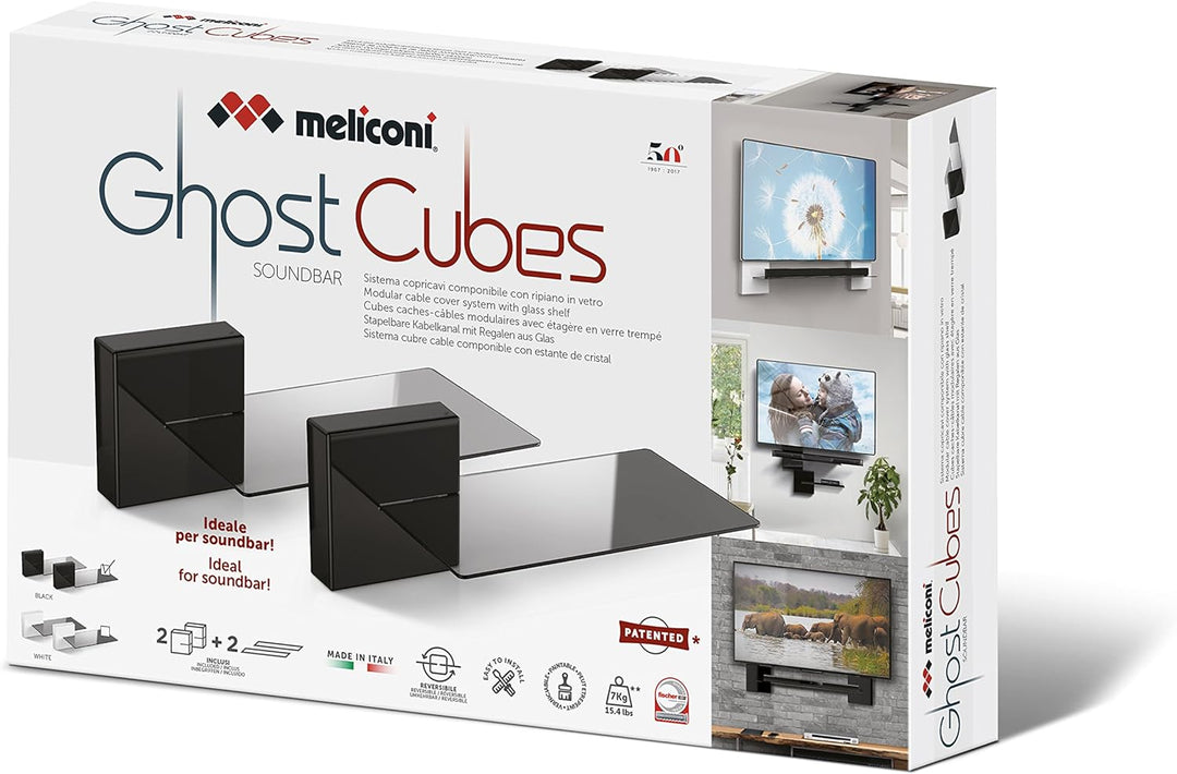 Meliconi Ghost Cube Soundbar Schwarz, Kabelabdeckung mit Glasablage für Soundbar Schwarz Einzeln, Sc