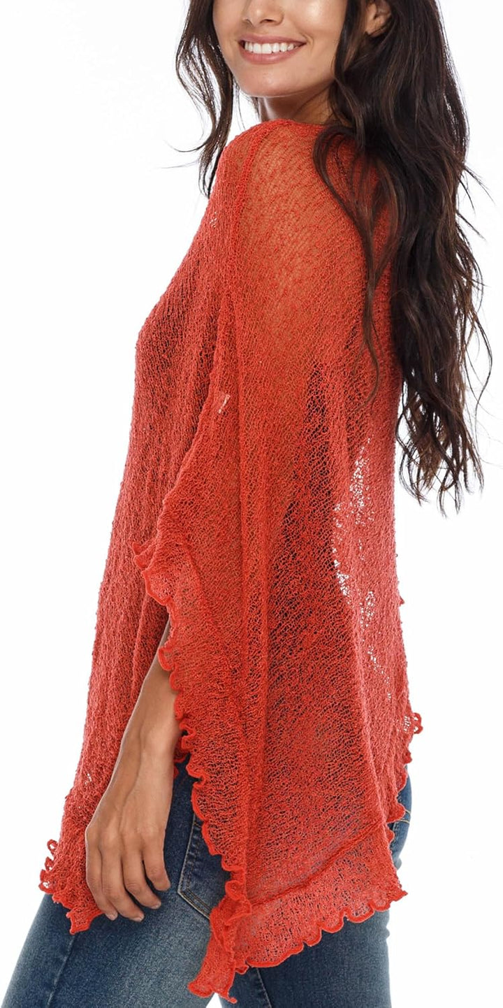 SHU-SHI - Damen Poncho-Top mit Rüschen - transparent - leichtes Strickmaterial Dunkelorange, Dunkelo