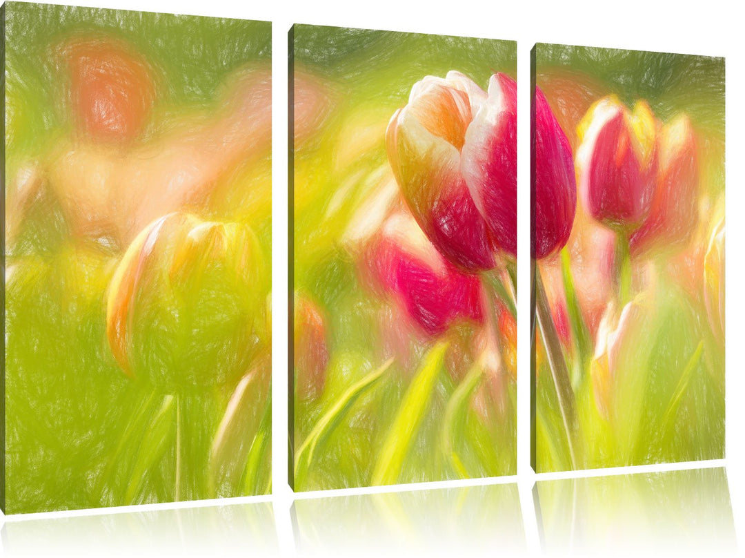 Pixxprint Blühende rote Tulpen Kunst Buntstift Effekt 3-Teiler Leinwandbild 120x80 Bild auf Leinwand