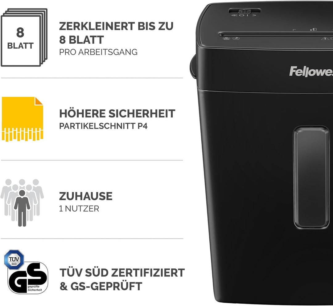 Fellowes Aktenvernichter, Papierschredder für 8 Blatt Partikelschnitt, Aktenvernichter P4, Schredder