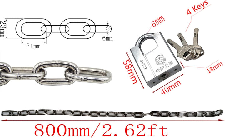 WANLIAN 6 mm Sicherheitskette und Schloss-Kit, 80cm Edelstahlkette und Vorhängeschloss mit 4 Schlüss