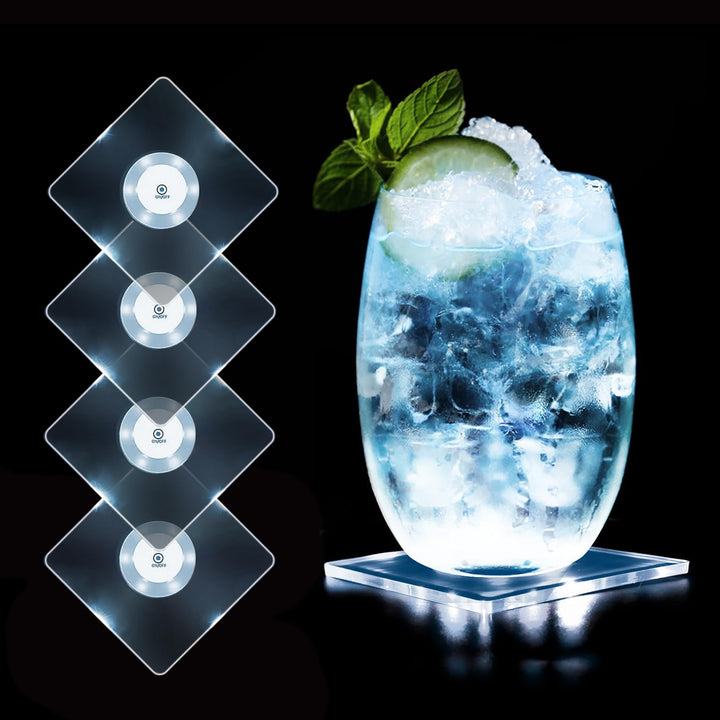 MEDOYOH 4er-Set Quadratisch Kühle Weiss LED Untersetzer für Getränke, ON/Off Taste Getränke Unterset
